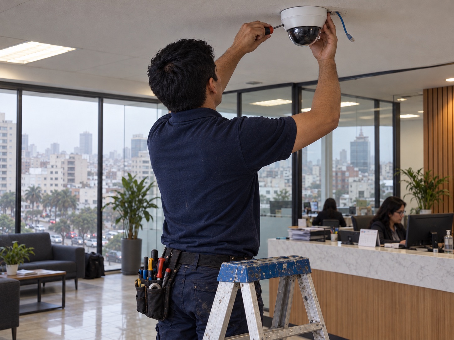 Técnico instalando una cámara de seguridad en una empresa