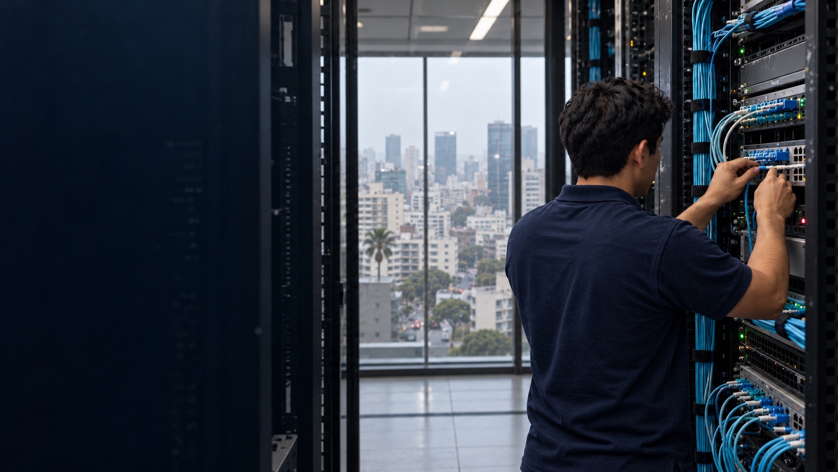 Técnico de Barrantes Telecom trabajando en una instalación de fibra óptica
